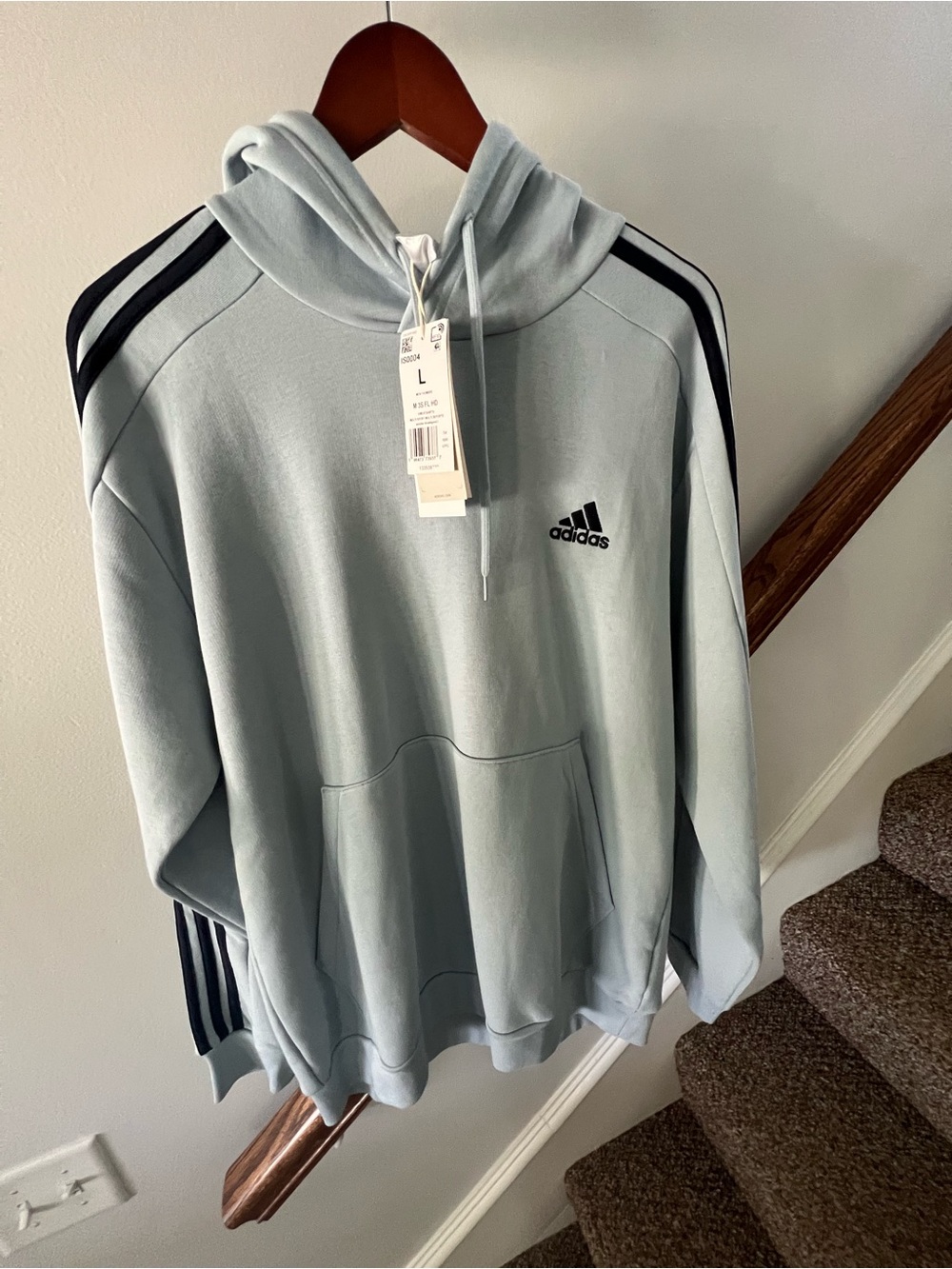 adidas Light Blue Pullover Hoodie with Black 3-Stripes - Picture 3 of 4